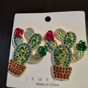 STUNNING Green Rhinestone Cactus Earrings with 3D Flowers
